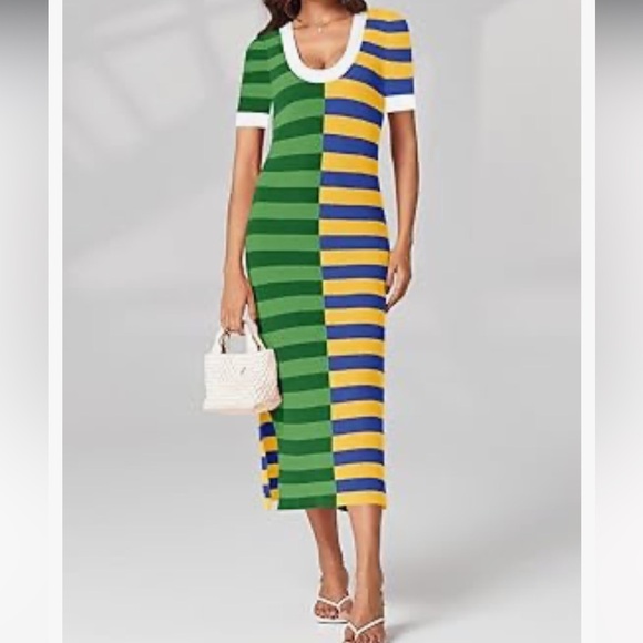 Wenrine Striped Dress Summer Knitted Scoop Neck M Color Block Casual Maxi Dress - Picture 5 of 10